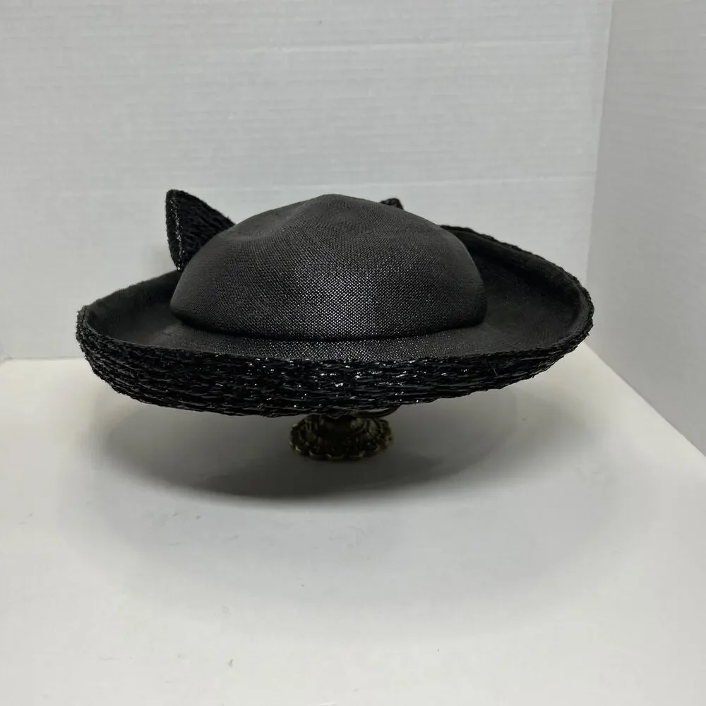 Vtg Hattie Carnegie I Magnin Co., Black Cloche Hat 1950s Woven Ratten Bow Hat